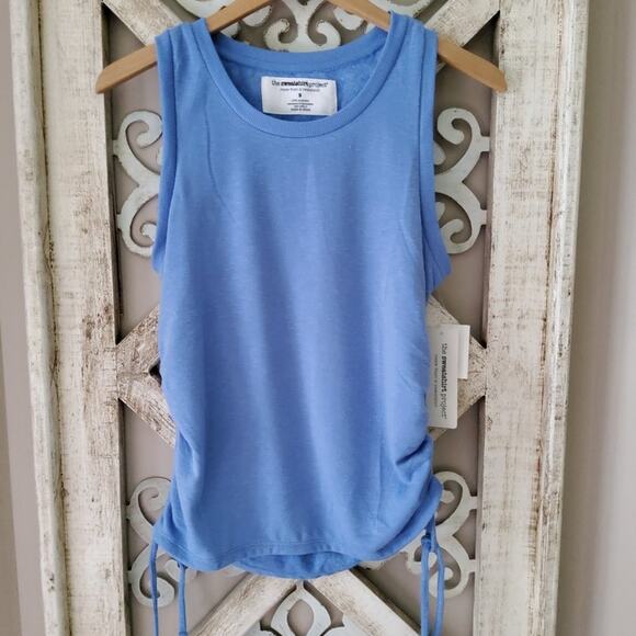 The Sweatshirt Project Women's Sleeveless Crew Neck Side Ruched Tie Tank Blue - Picture 5 of 6